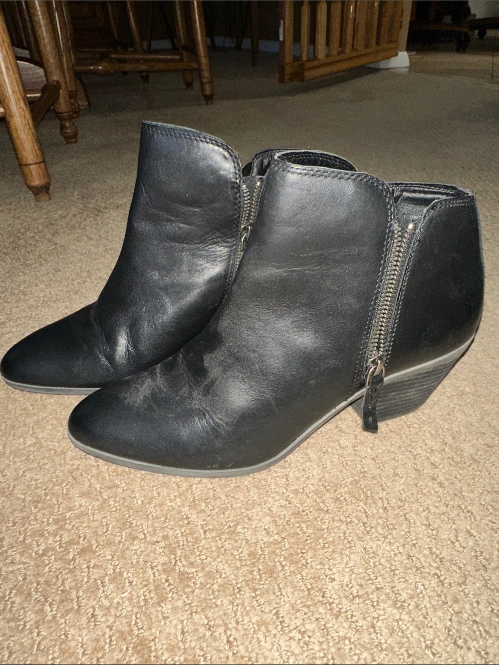 Frye Black Leather Ankle Booties with Side Zip and Block Heel